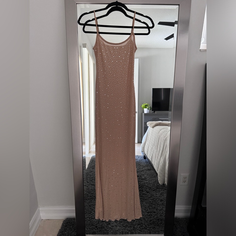 Sheer Nude Rhinestone Maxi Dress